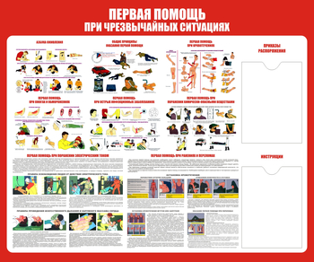 С19 Стенд первая помощь (при чрезвычайных ситуациях) (1200х1000 мм, карманы, пластик ПВХ 3 мм, алюминиевый багет серебряного цвета) - Стенды - Стенды по первой медицинской помощи - . Магазин Znakstend.ru